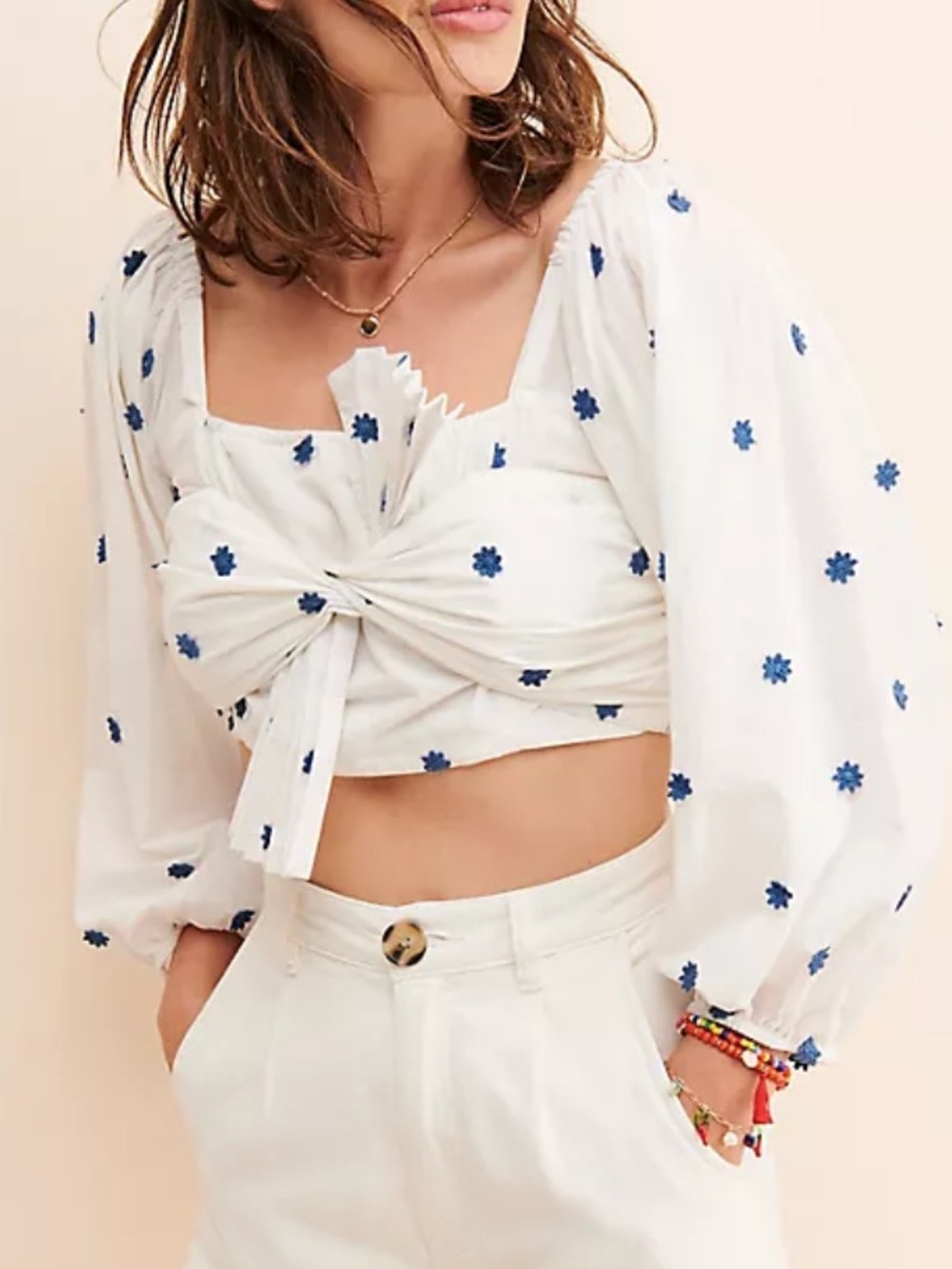 Farm rio blue flowers embroidered cotton bow crop top balloon sleeve sz m